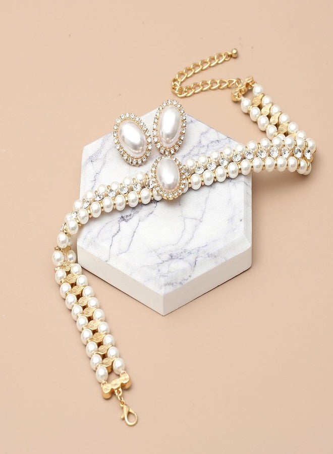 S SUSANN Faux pearl necklace set imitation pearl necklace and earring good gift for women (white rhinestones short choker) - Image 4
